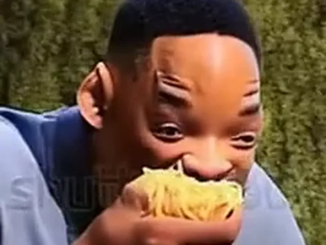 AI-generated video frame of Will Smith eating spaghetti, made with ModelScope, Mar 2023