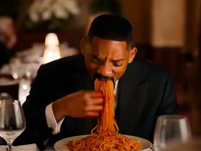 AI-generated video frame of Will Smith eating spaghetti, made with MiniMax, Sep 2024