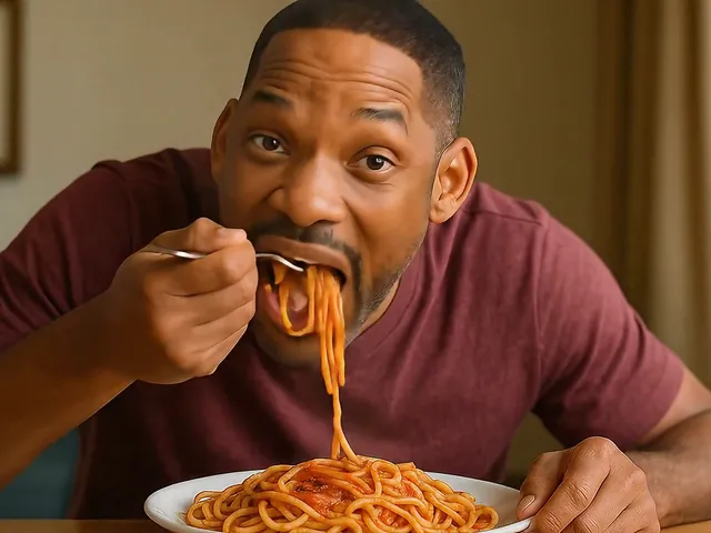 AI-generated video frame of Will Smith eating spaghetti, made with Veo 3.1, Oct 2025