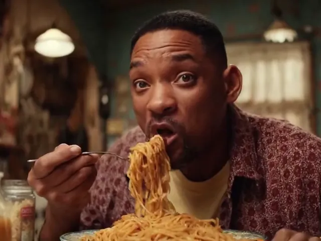 AI-generated video frame of Will Smith eating spaghetti, made with Veo 3, May 2025